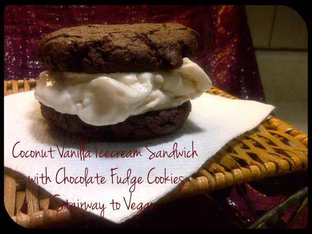 Coconut Vanilla Icecream Sandwich with Chocolate Fudge Cookies