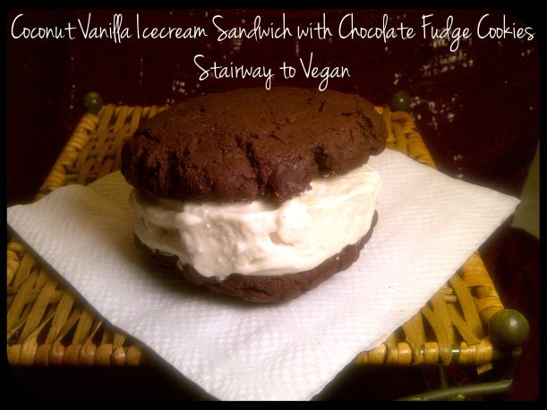 Coconut Vanilla Icecream Sandwich with Chocolate Fudge Cookies